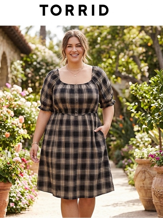 torrid Dresses & Skirts - Torrid Black and Cream Plaid Square Neck Dress